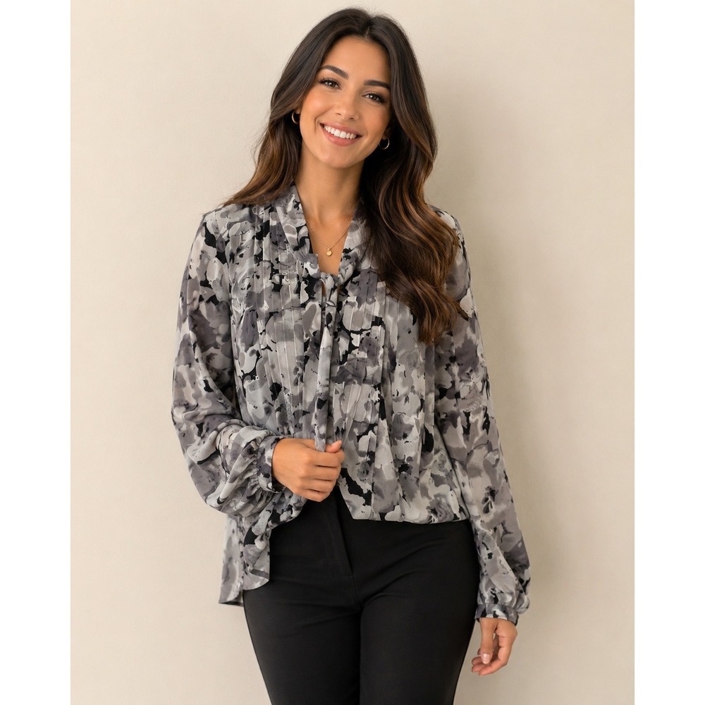 Isaac Mizrahi Live Womens XS Gray Floral Tie Neck Pleated Long Sleeve Blouse - Picture 1 of 6